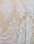 Belle - Off White - Classic Corded Bridal Lace with Beaded Flowers and Scalloped Edges for Wedding Gowns, Veils, DIY Couture by the Yard