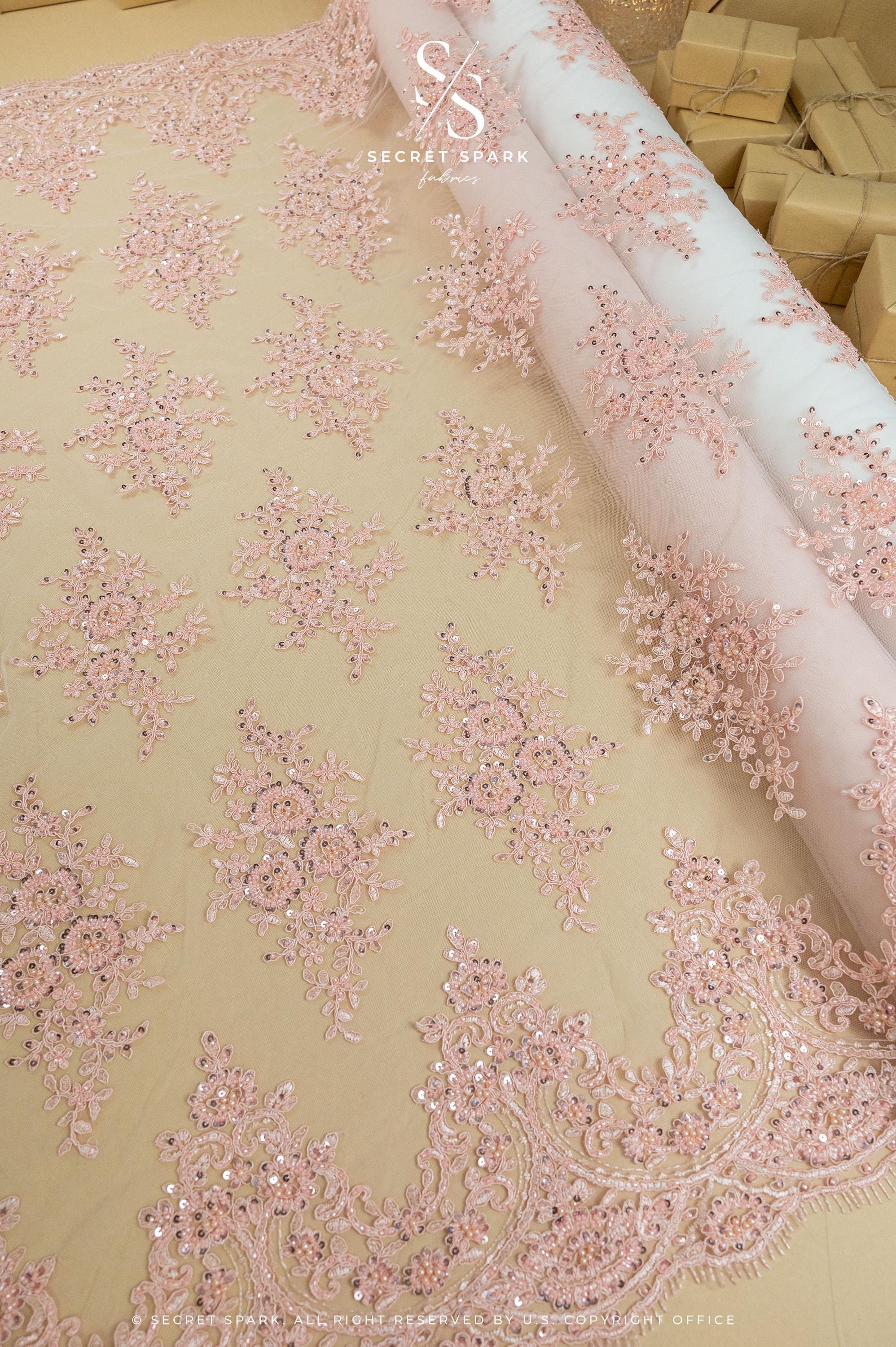 Belle - Rose Quartz - Soft Pink Beaded Lace with Corded Floral Design and Scalloped Edges for Romantic Bridal, Special Occasion by the Yard