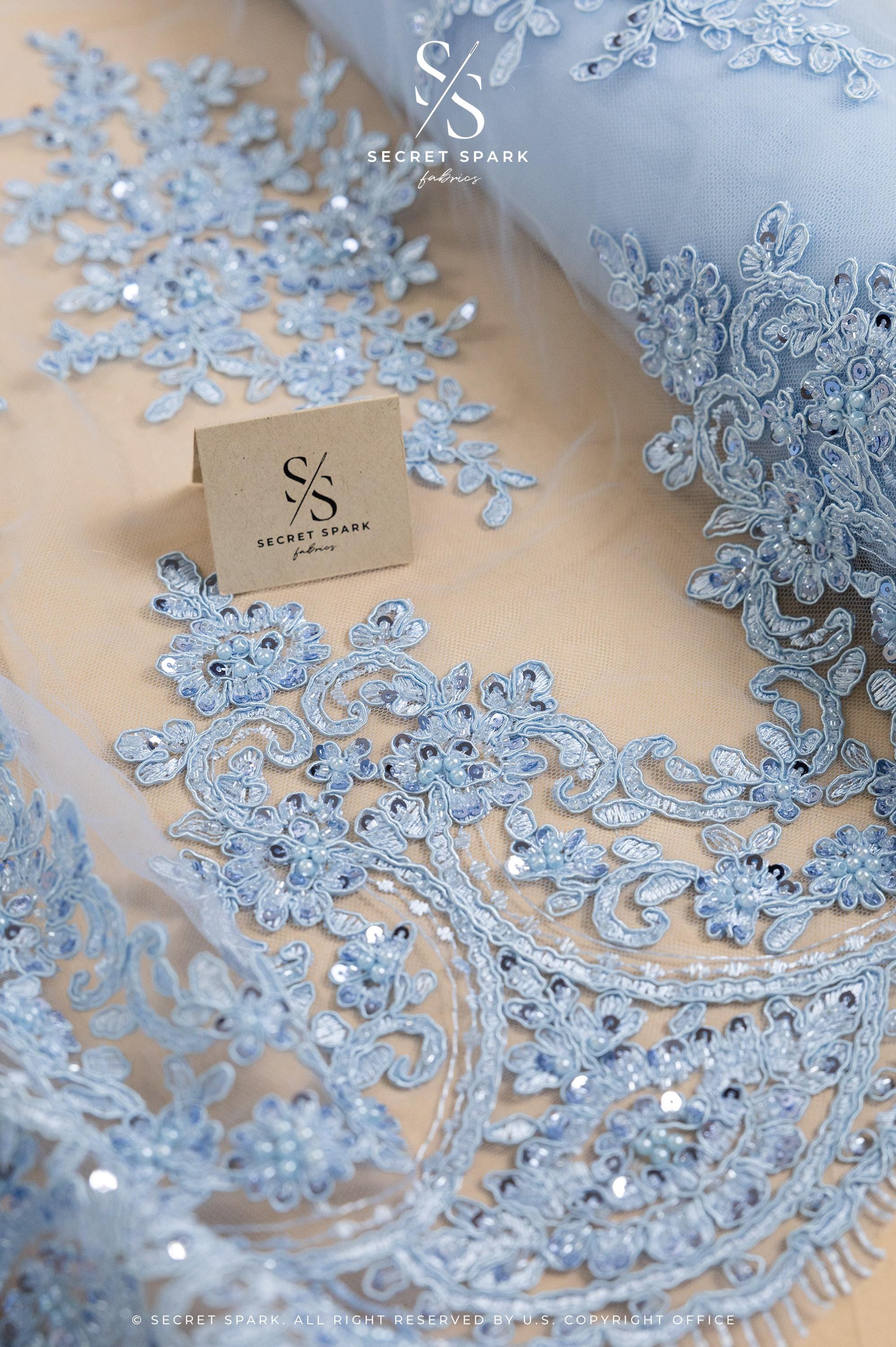 Belle - Soft Blue - Beaded Floral Lace with Delicate Corded Details and Scalloped Hem for Bridal, Formal Gowns by the Yard