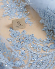 Belle - Soft Blue - Beaded Floral Lace with Delicate Corded Details and Scalloped Hem for Bridal, Formal Gowns by the Yard