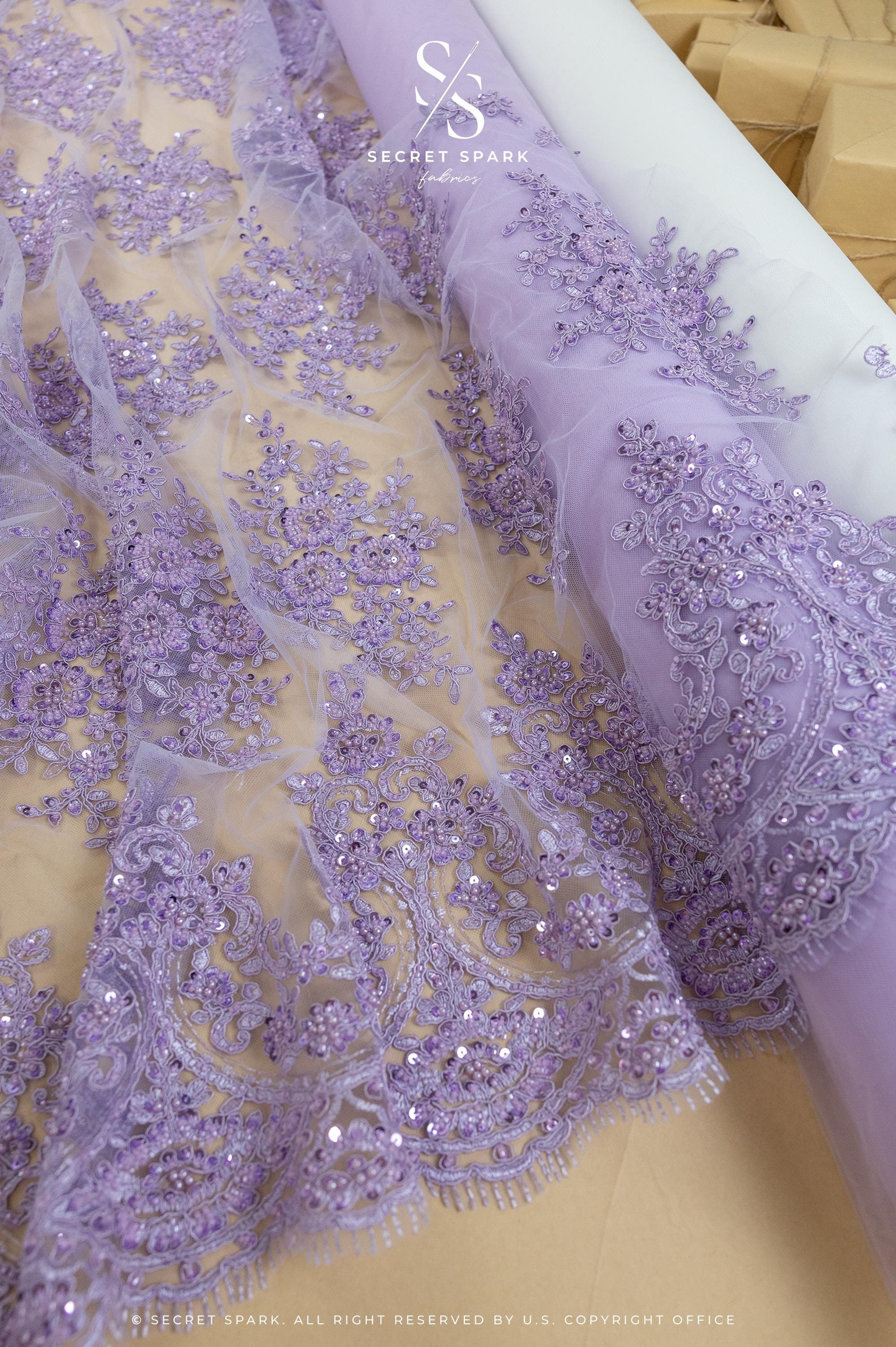 Belle - Lavender Purple - Embroidered Floral Lace with Beaded Cord and Scalloped Edges for Wedding Veils, Couture Dresses by the Yard