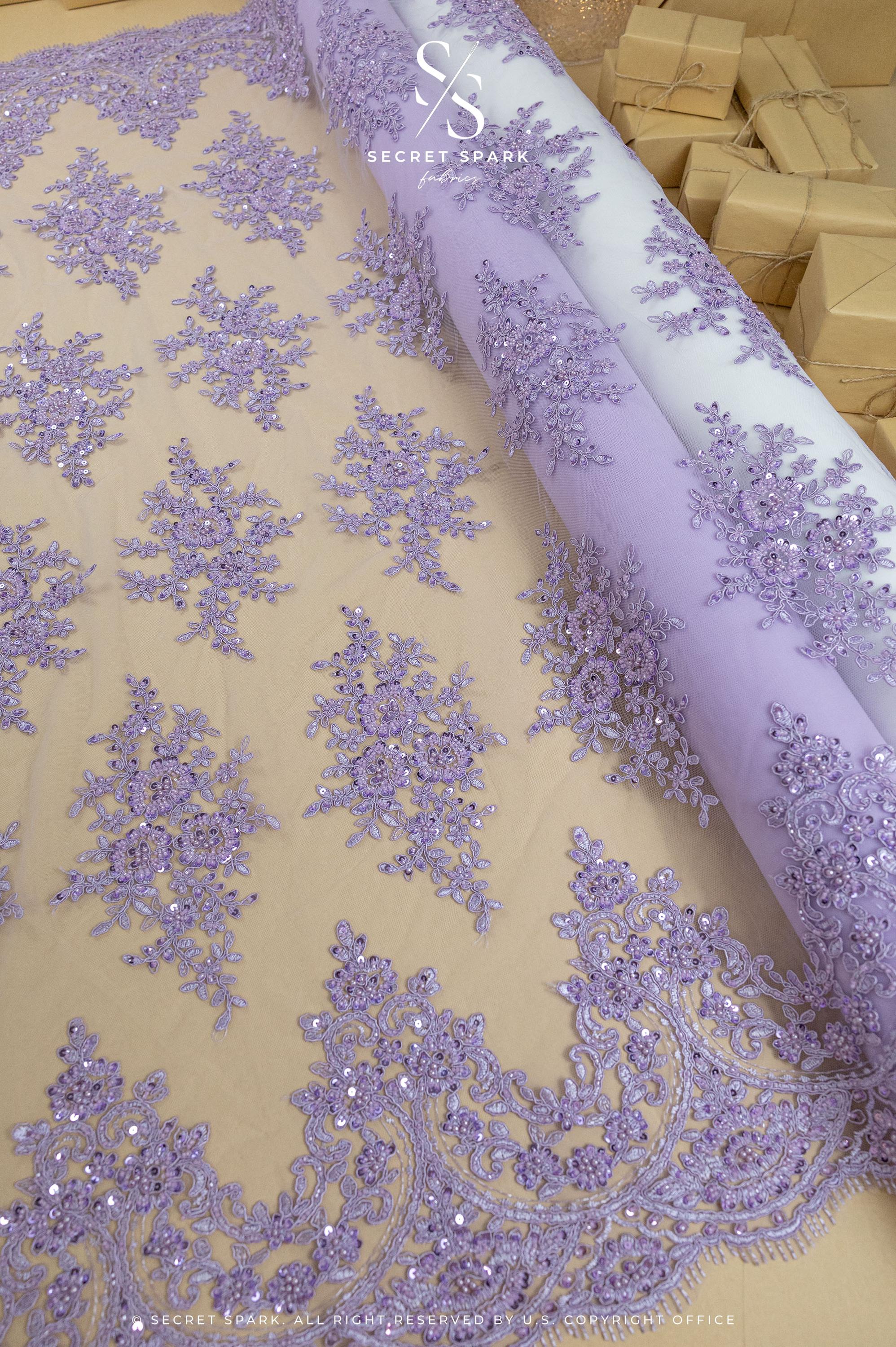 Belle - Lavender Purple - Embroidered Floral Lace with Beaded Cord and Scalloped Edges for Wedding Veils, Couture Dresses by the Yard