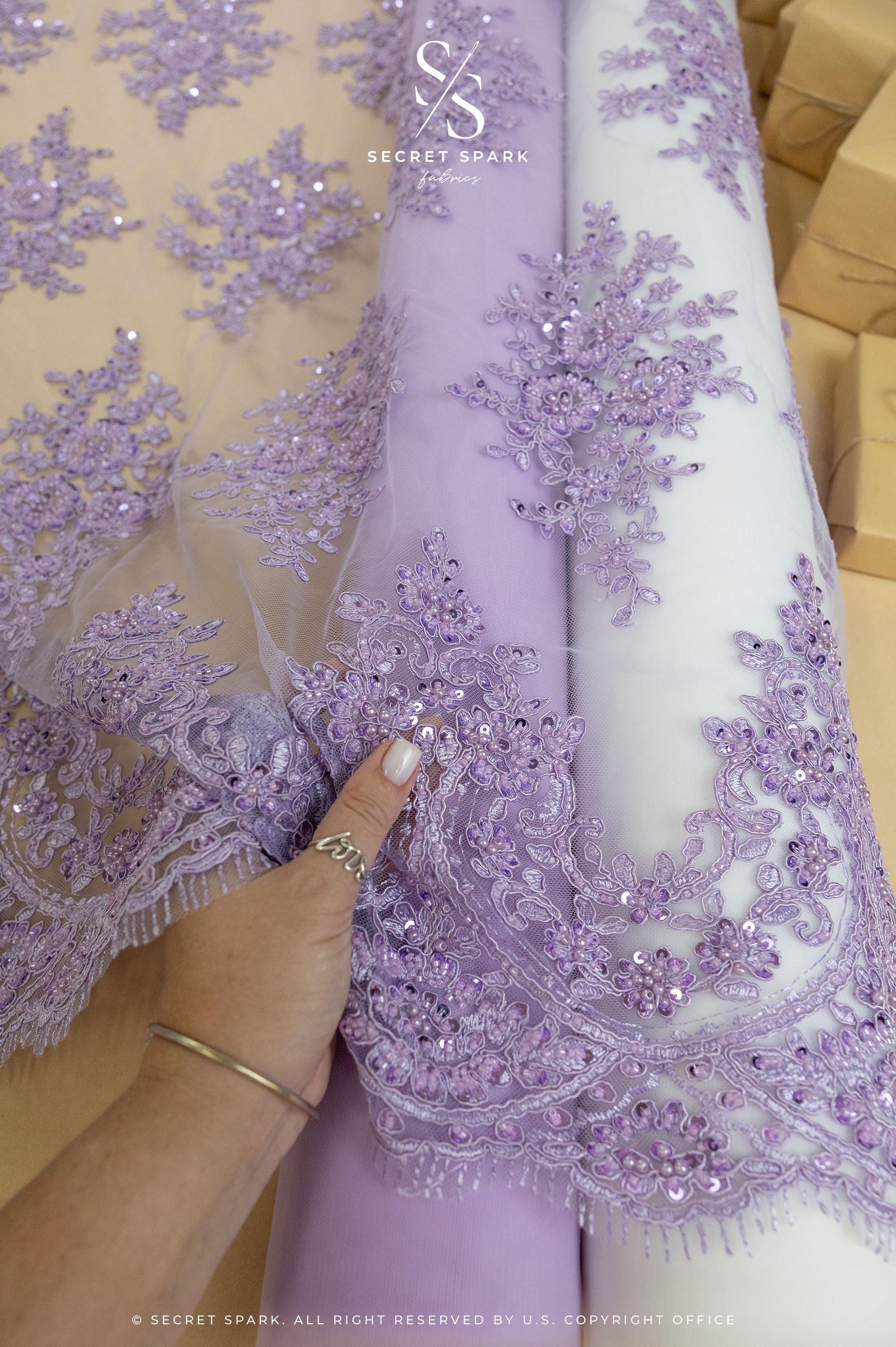 Belle - Lavender Purple - Embroidered Floral Lace with Beaded Cord and Scalloped Edges for Wedding Veils, Couture Dresses by the Yard