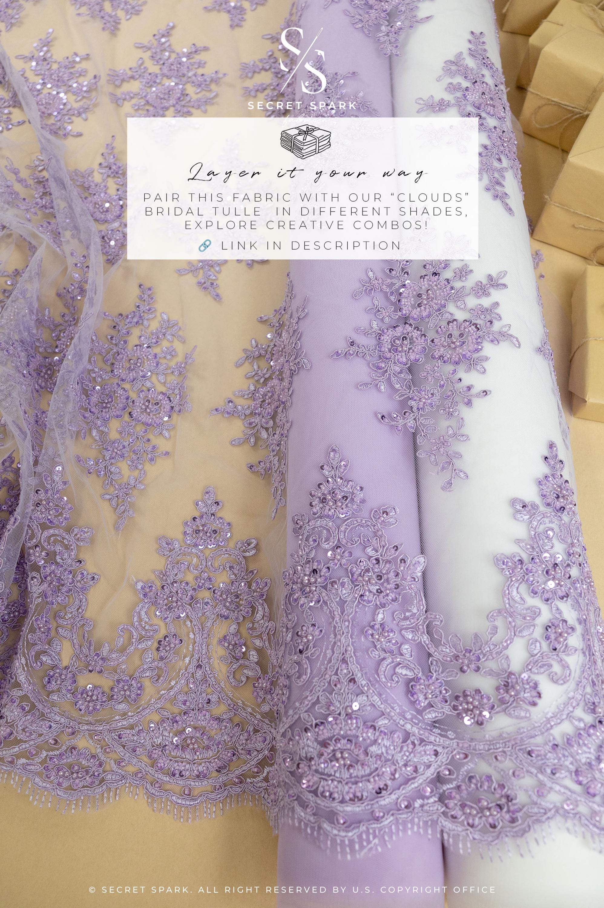 Belle - Lavender Purple - Embroidered Floral Lace with Beaded Cord and Scalloped Edges for Wedding Veils, Couture Dresses by the Yard