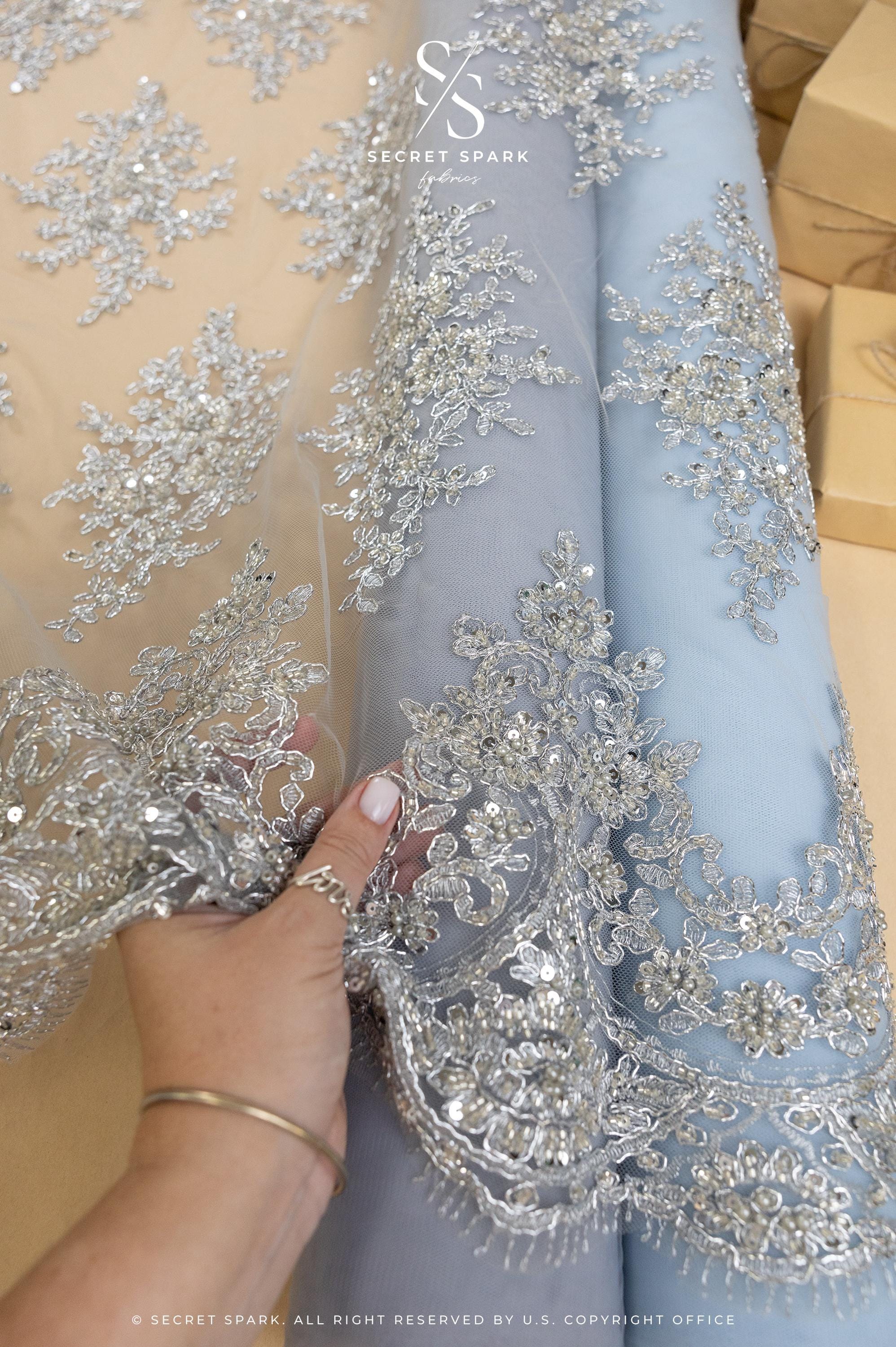 Belle - Lt Gray - Corded Floral Lace with Silver Beaded Edges and Scalloped Trim for Bridal Gowns, Evening Wear by the Yard