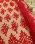 Belle - Red - Bold Beaded Floral Lace with Corded Embroidery and Elegant Scalloped Edges for Wedding, Evening Wear by the Yard