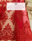 Belle - Red - Bold Beaded Floral Lace with Corded Embroidery and Elegant Scalloped Edges for Wedding, Evening Wear by the Yard