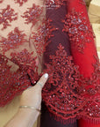 Belle - Wine - Deep Burgundy Corded Lace with Beaded Floral Motifs and Scalloped Edges for Evening Gowns, Prom Dresses by the Yard