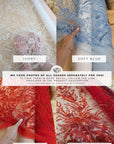 Coral Reef - Ivory Lace Fabric Sea Themed Bridal Beaded Lace with Pearls & Sequins, Mesh Lace for Wedding Gowns, Couture Dresses with Corals