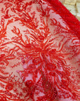 Coral Reef - Red Beaded Lace Fabric Sea Corals, Sequin Lace with Pearls, Ocean Theme Tulle with Embroidery for Gowns, Mermaid Dresses