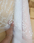 Leaves Love - Off white 3D Floral Leaf Lace with Sequins & Beads, Embroidered Botanical Mesh Tulle for Bridal Dresses, Gowns, Veils