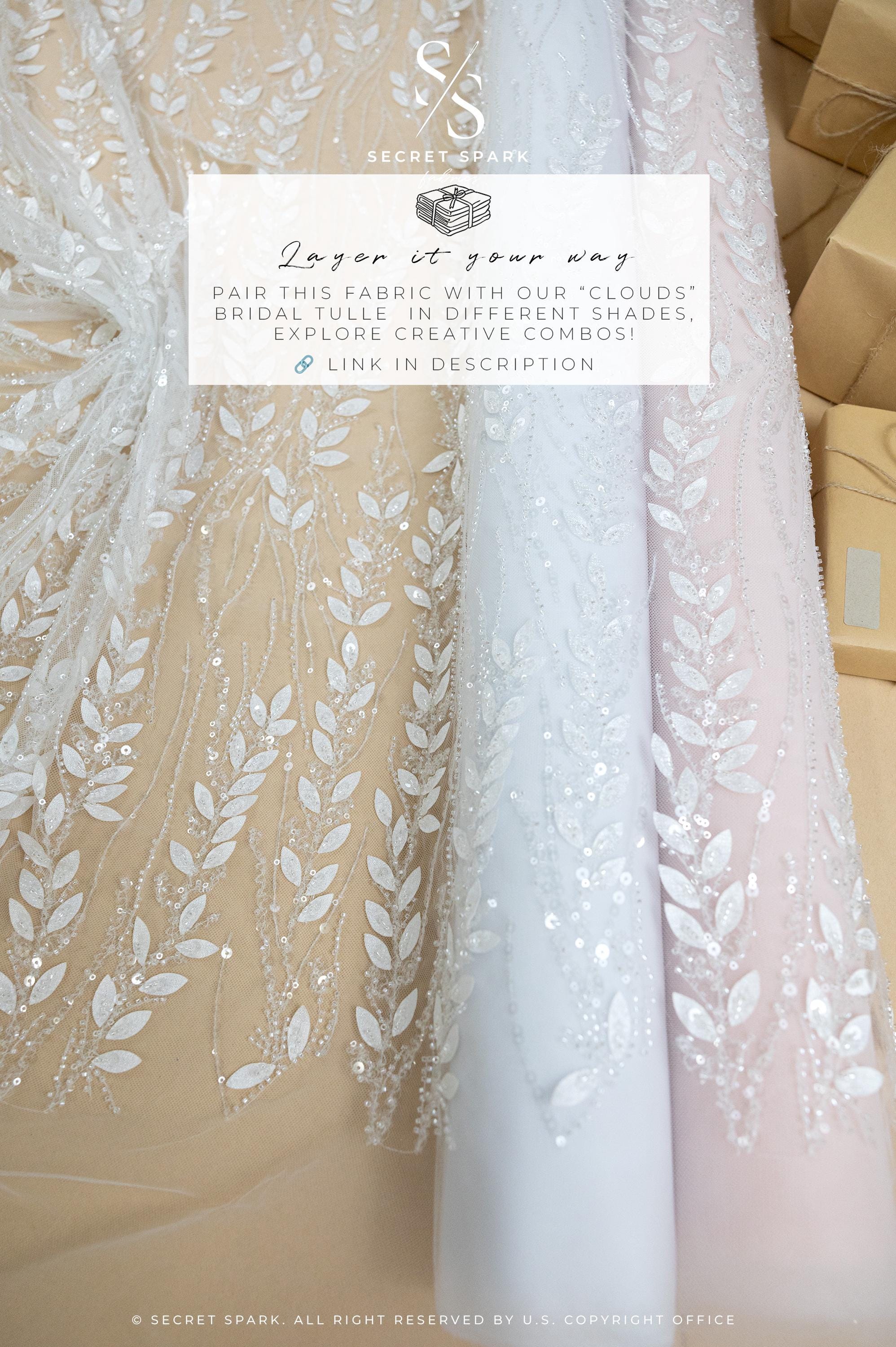 Leaves Love - Off white 3D Floral Leaf Lace with Sequins &amp; Beads, Embroidered Botanical Mesh Tulle for Bridal Dresses, Gowns, Veils