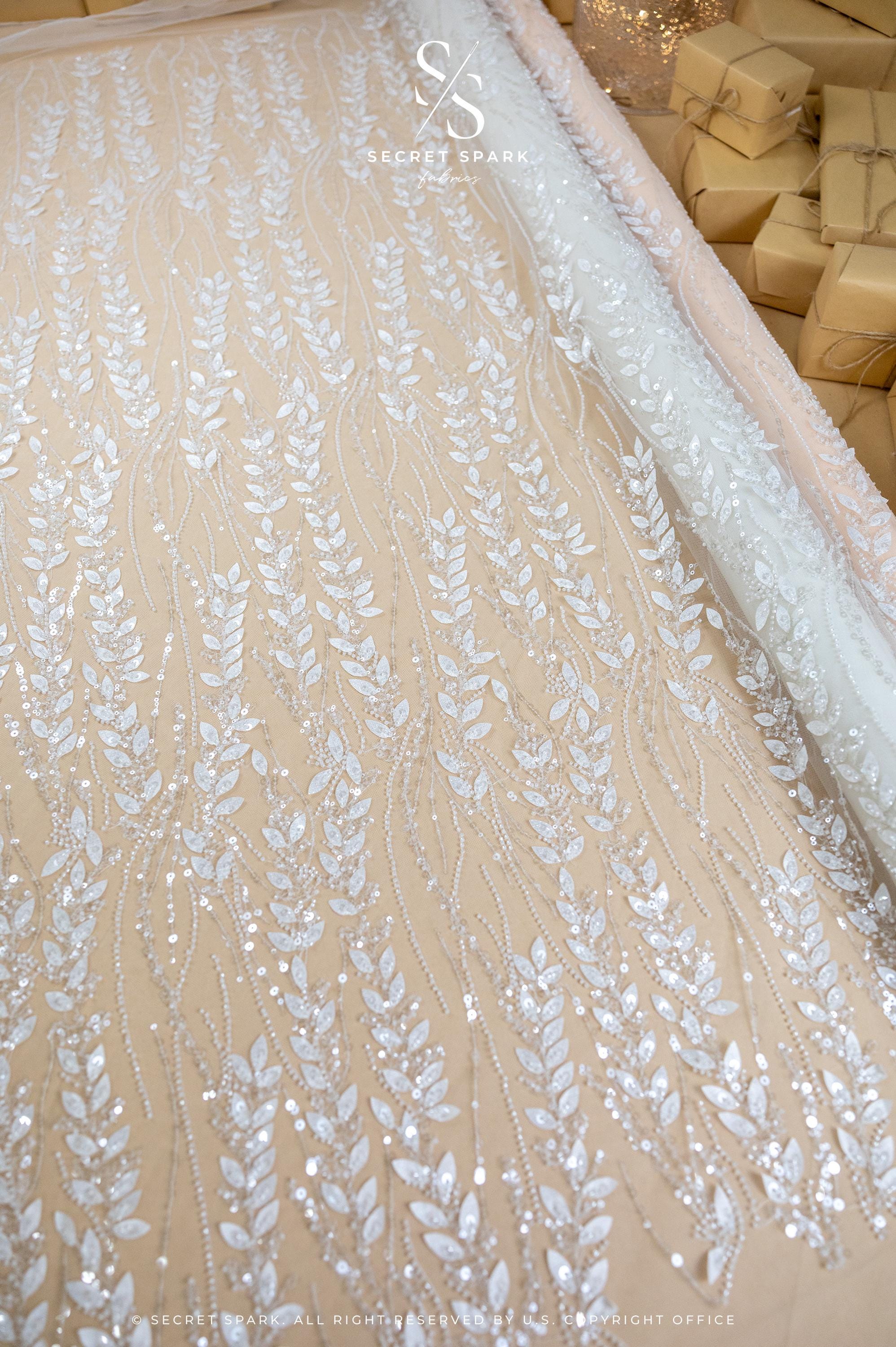 Leaves Love - Ivory 3D Leaves Beaded Lace, Sheer Bridal Mesh with Clear Sequins and Floral Leaf Embroidery for Wedding Dress or Veil