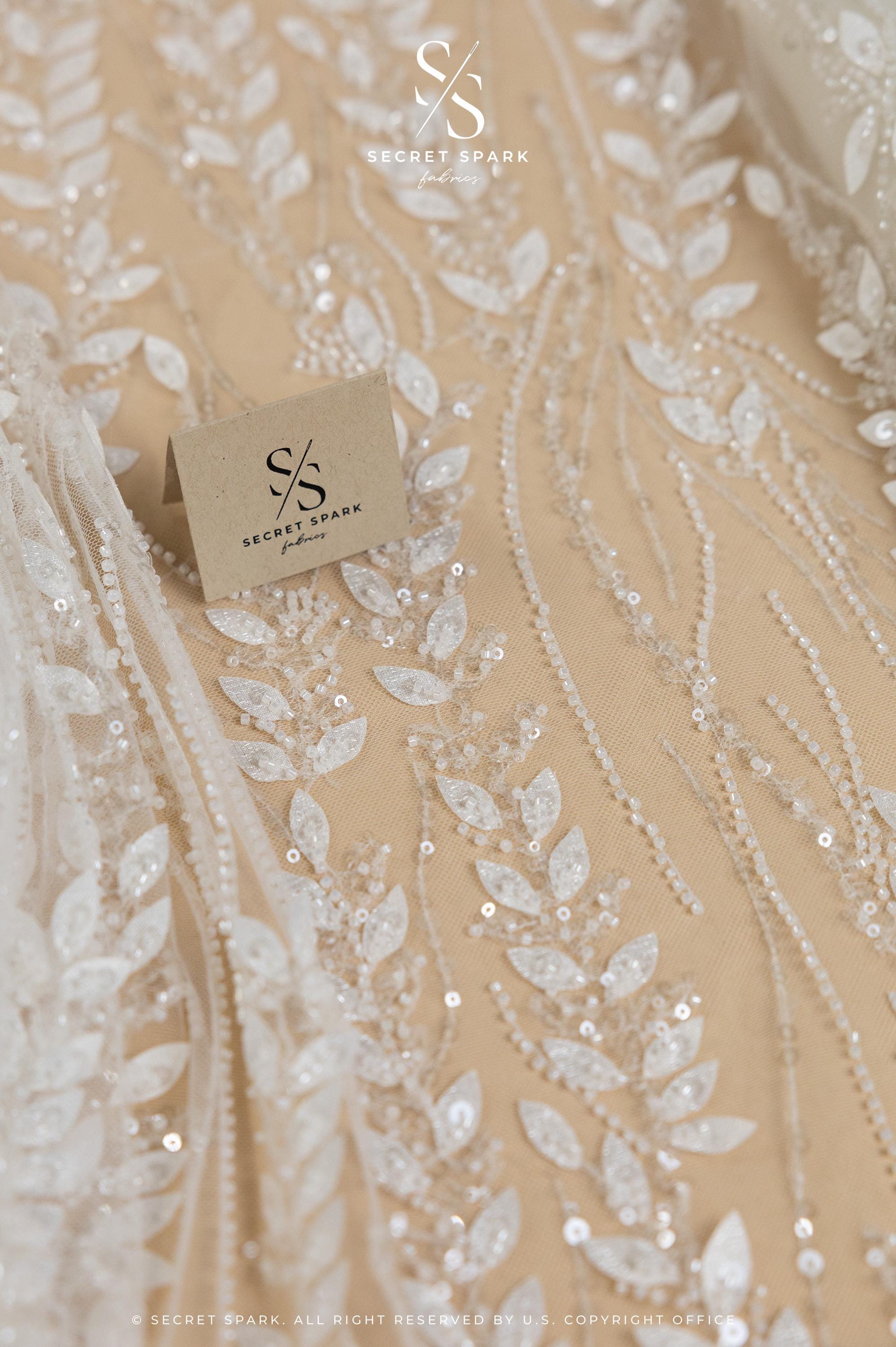 Leaves Love - Ivory 3D Leaves Beaded Lace, Sheer Bridal Mesh with Clear Sequins and Floral Leaf Embroidery for Wedding Dress or Veil