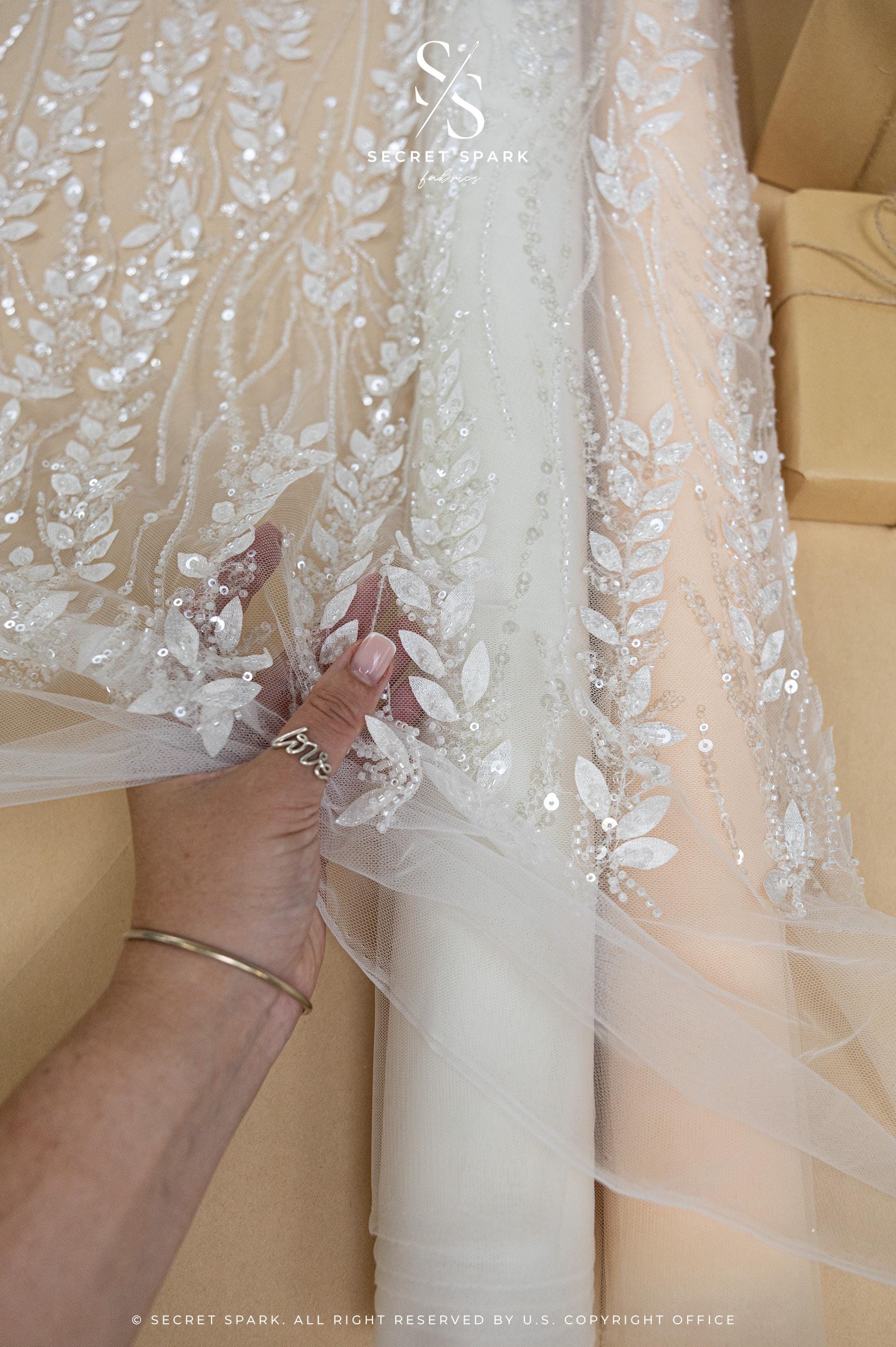 Leaves Love - Ivory 3D Leaves Beaded Lace, Sheer Bridal Mesh with Clear Sequins and Floral Leaf Embroidery for Wedding Dress or Veil