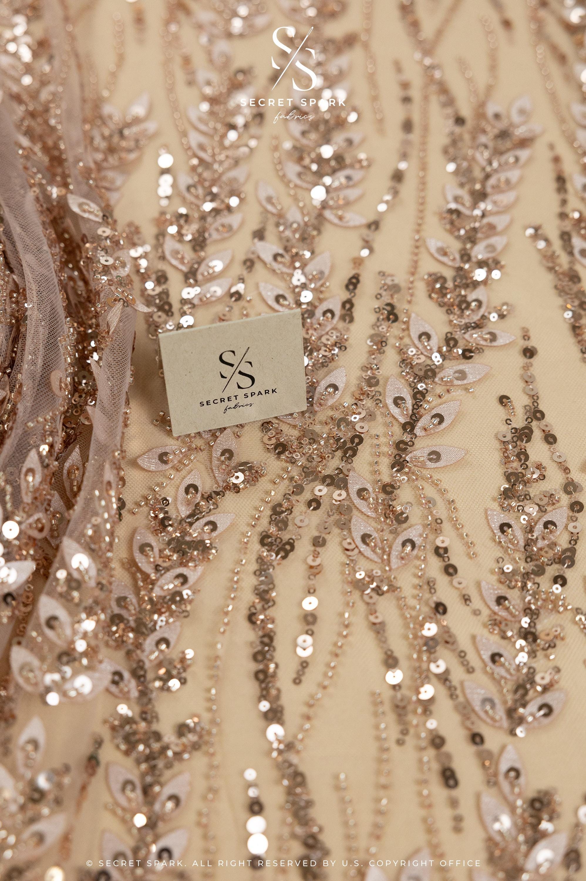 Leaves Love - Rose Gold Leaf Lace Fabric, 3D Leaves Embroidery with Sequins on Mesh for Dresses, Evening Gowns, Bridal Projects