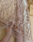 Leaves Love - Rose Gold Leaf Lace Fabric, 3D Leaves Embroidery with Sequins on Mesh for Dresses, Evening Gowns, Bridal Projects