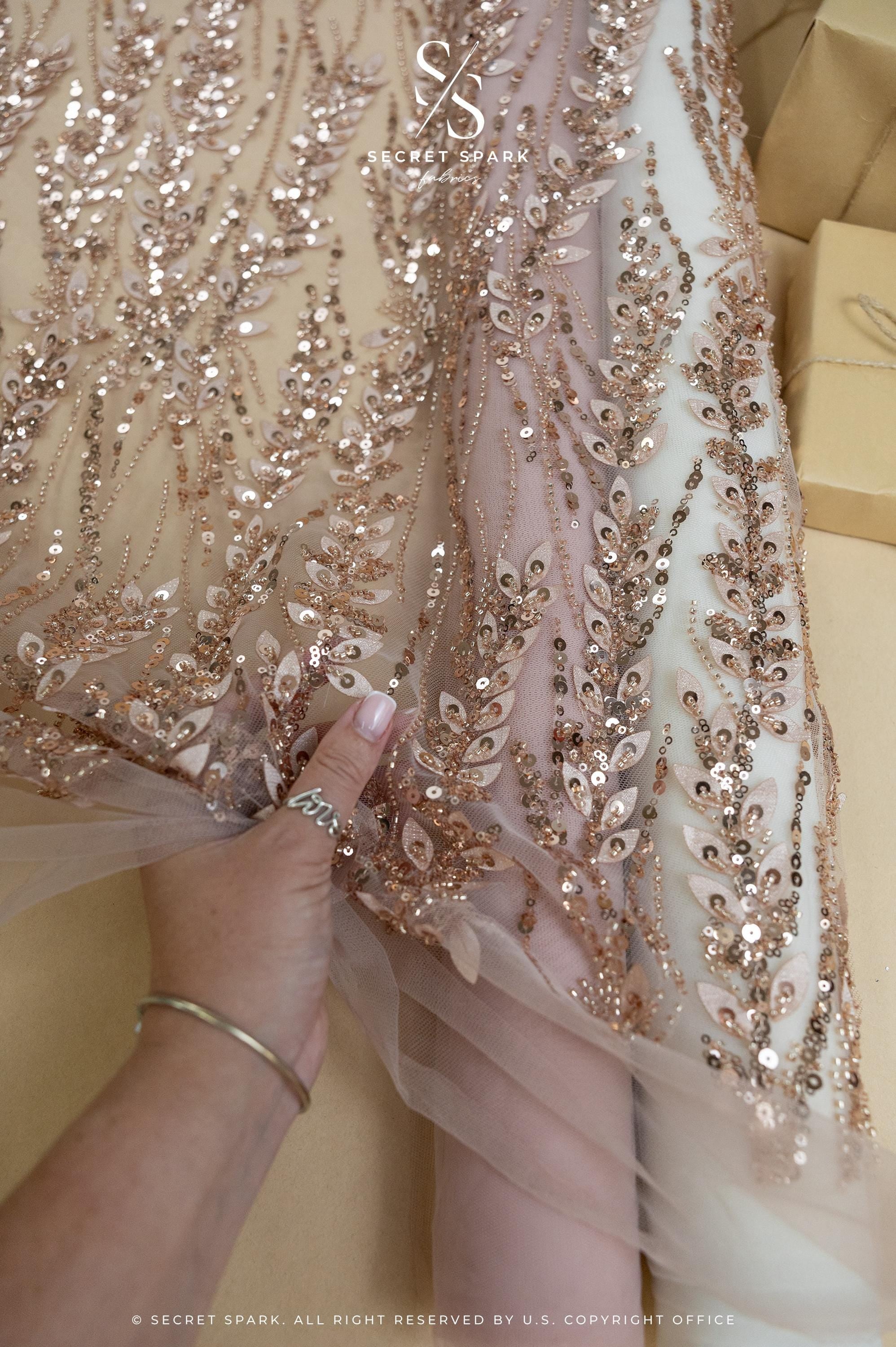 Leaves Love - Rose Gold Leaf Lace Fabric, 3D Leaves Embroidery with Sequins on Mesh for Dresses, Evening Gowns, Bridal Projects