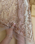 Leaves Love - Rose Gold Leaf Lace Fabric, 3D Leaves Embroidery with Sequins on Mesh for Dresses, Evening Gowns, Bridal Projects