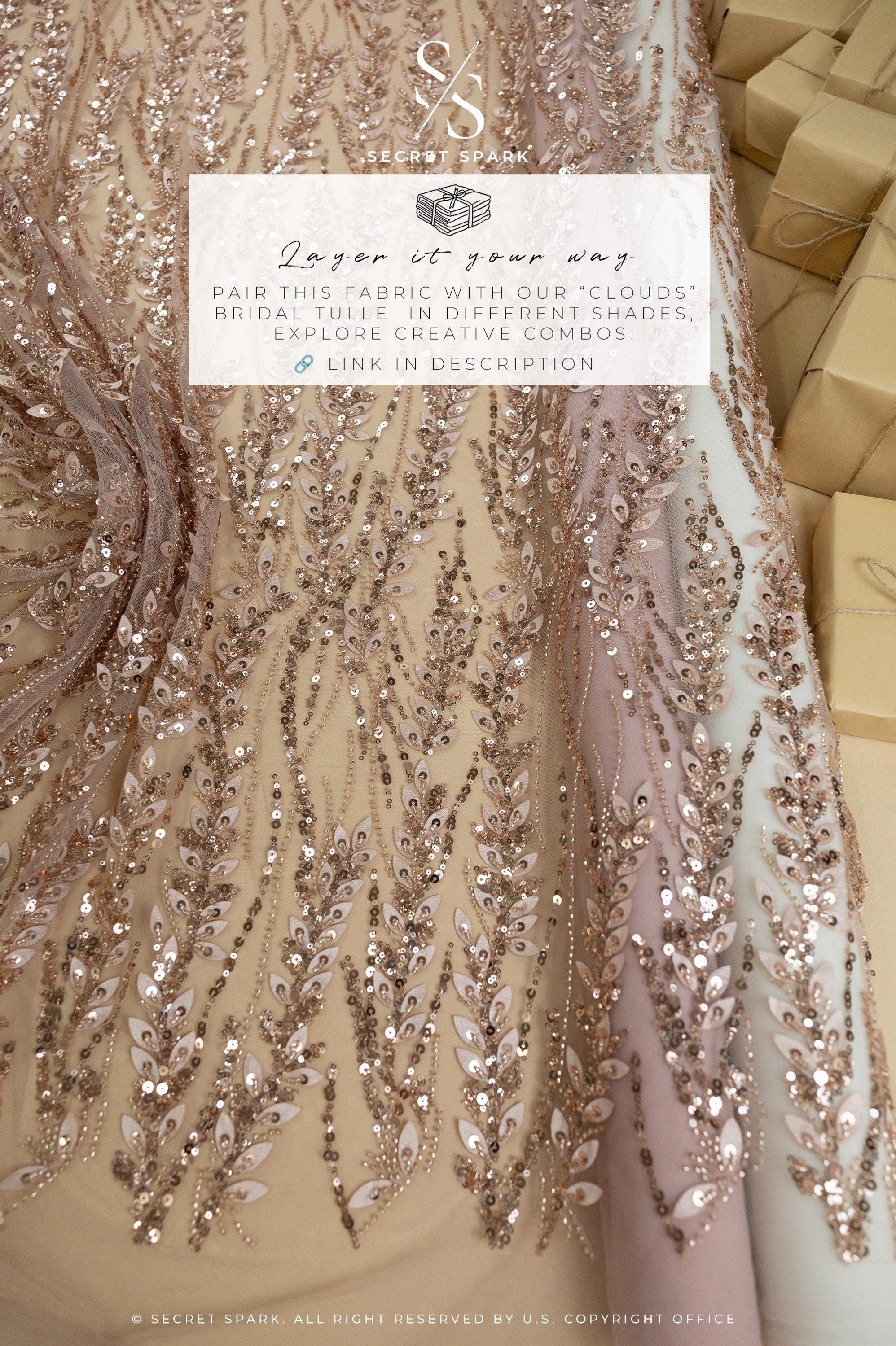 Leaves Love - Rose Gold Leaf Lace Fabric, 3D Leaves Embroidery with Sequins on Mesh for Dresses, Evening Gowns, Bridal Projects