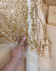 Leaves Love - Honey Gold - 3D Floral Leaf Lace with Sequins & Beads, Embroidered Botanical Mesh Tulle for Bridal Gowns, Couture Eveningwear, Luxury Caps by the Yard