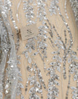 Leaves Love - Silver Gray 3D Leaves and Sequins Embroidery on Mesh, Leaf Floral Lace Fabric for Gowns, Dresses, Evening & Bridal Looks