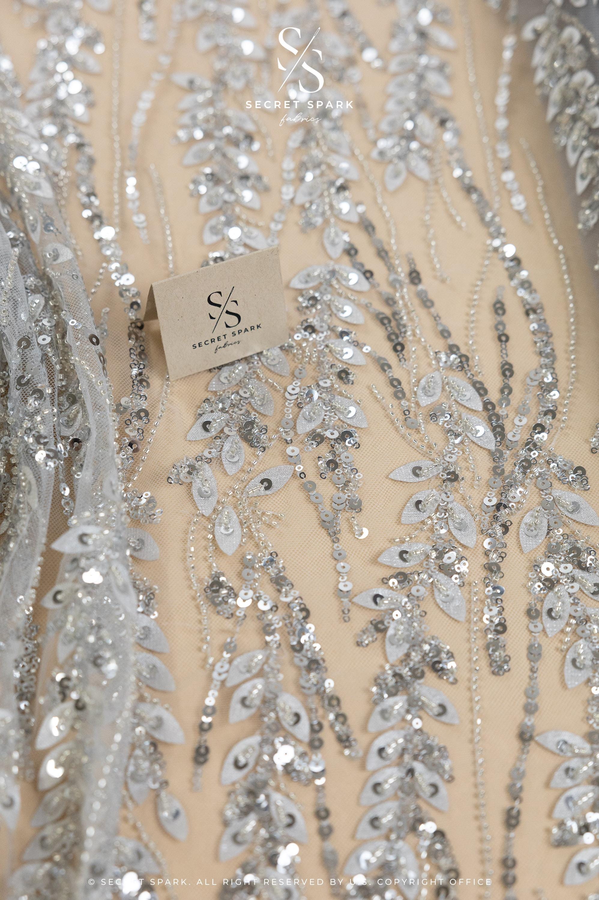 Leaves Love - Silver Gray 3D Leaves and Sequins Embroidery on Mesh, Leaf Floral Lace Fabric for Gowns, Dresses, Evening &amp; Bridal Looks