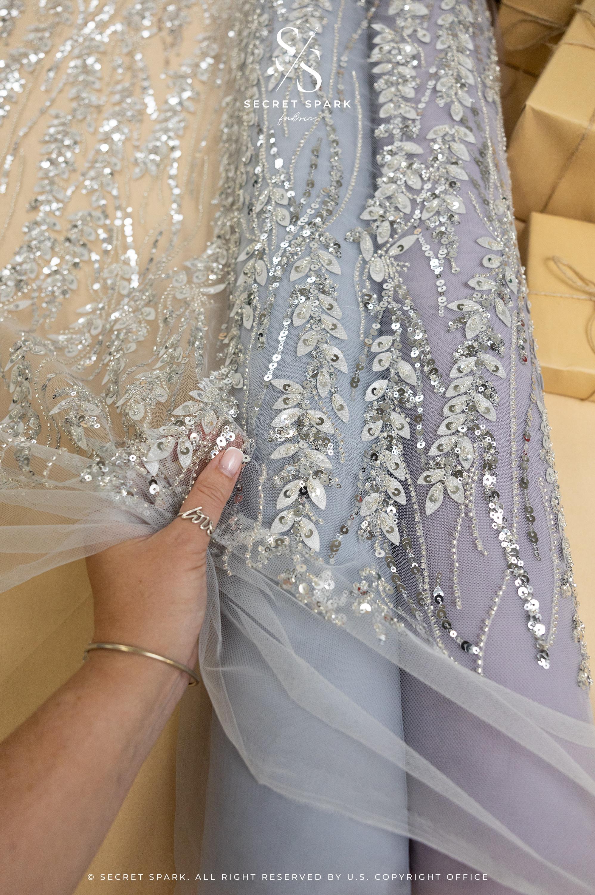 Leaves Love - Silver Gray 3D Leaves and Sequins Embroidery on Mesh, Leaf Floral Lace Fabric for Gowns, Dresses, Evening &amp; Bridal Looks