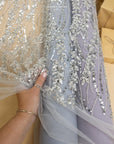 Leaves Love - Silver Gray 3D Leaves and Sequins Embroidery on Mesh, Leaf Floral Lace Fabric for Gowns, Dresses, Evening & Bridal Looks