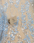 Leaves Love - Soft Blue Leaf Beaded Lace Fabric, 3D Leaves & Sequins Embroidery on Mesh for Dresses, Bridal Gowns, Couture Design