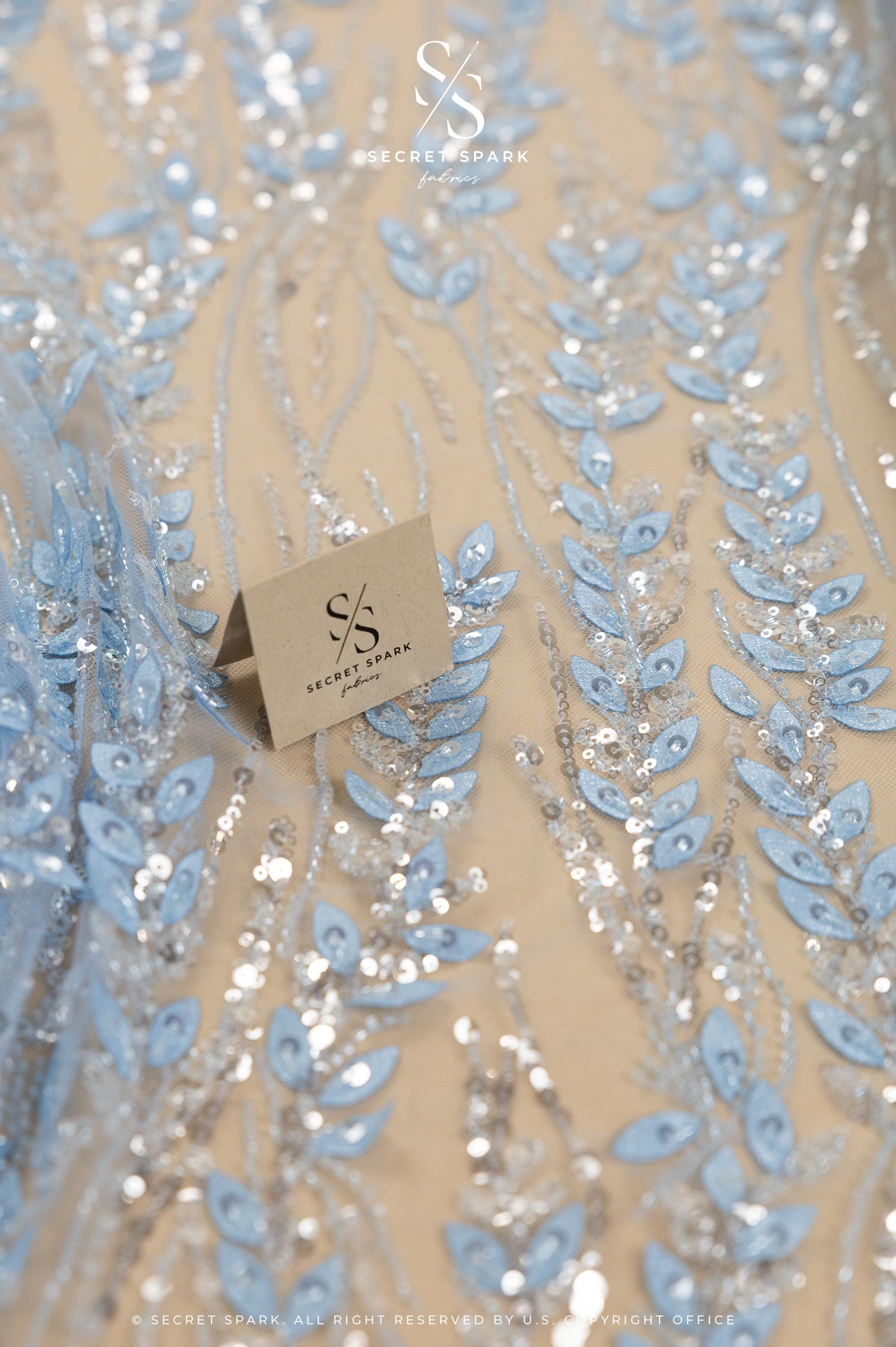 Leaves Love - Soft Blue Leaf Beaded Lace Fabric, 3D Leaves &amp; Sequins Embroidery on Mesh for Dresses, Bridal Gowns, Couture Design
