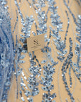 Leaves Love - Perry Blue Botanical Leaf Lace, Beaded & Sequin Embroidery Mesh Fabric with 3D Leaves for Gowns, Floral Evening Lace