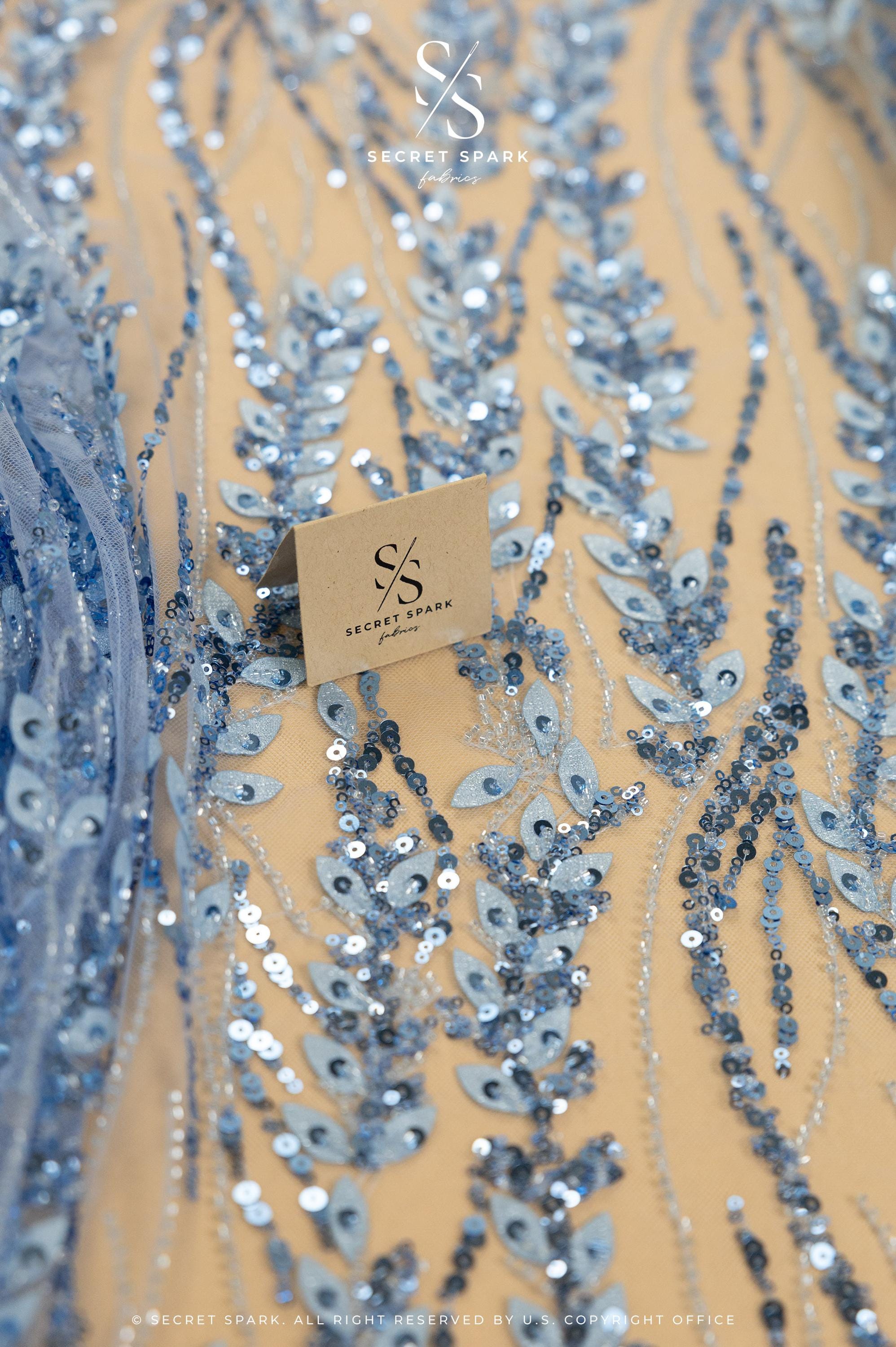 Leaves Love - Perry Blue Botanical Leaf Lace, Beaded &amp; Sequin Embroidery Mesh Fabric with 3D Leaves for Gowns, Floral Evening Lace