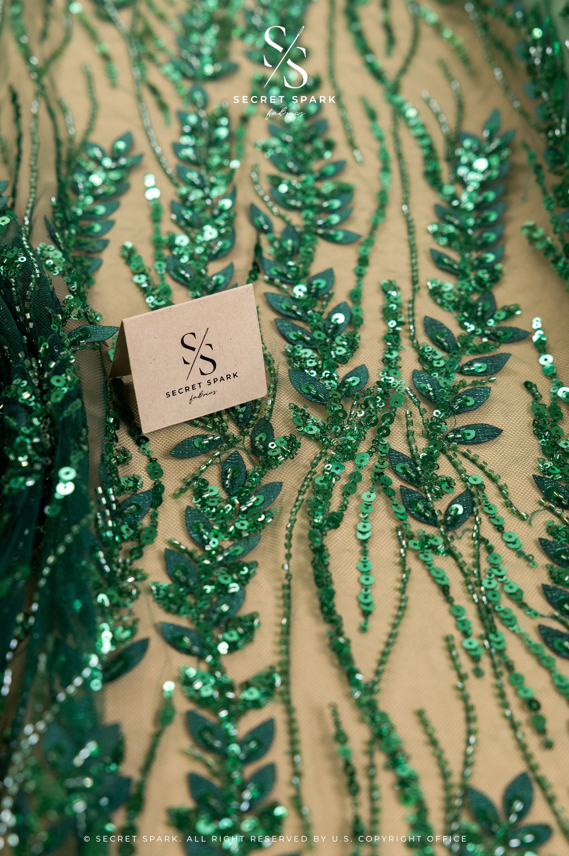 Leaves Love - Emerald Green Leaf Lace Fabric, Beaded &amp; Sequin Floral Embroidery with 3D Leaves on Mesh for Gowns, Evening Dress, Couture DIY