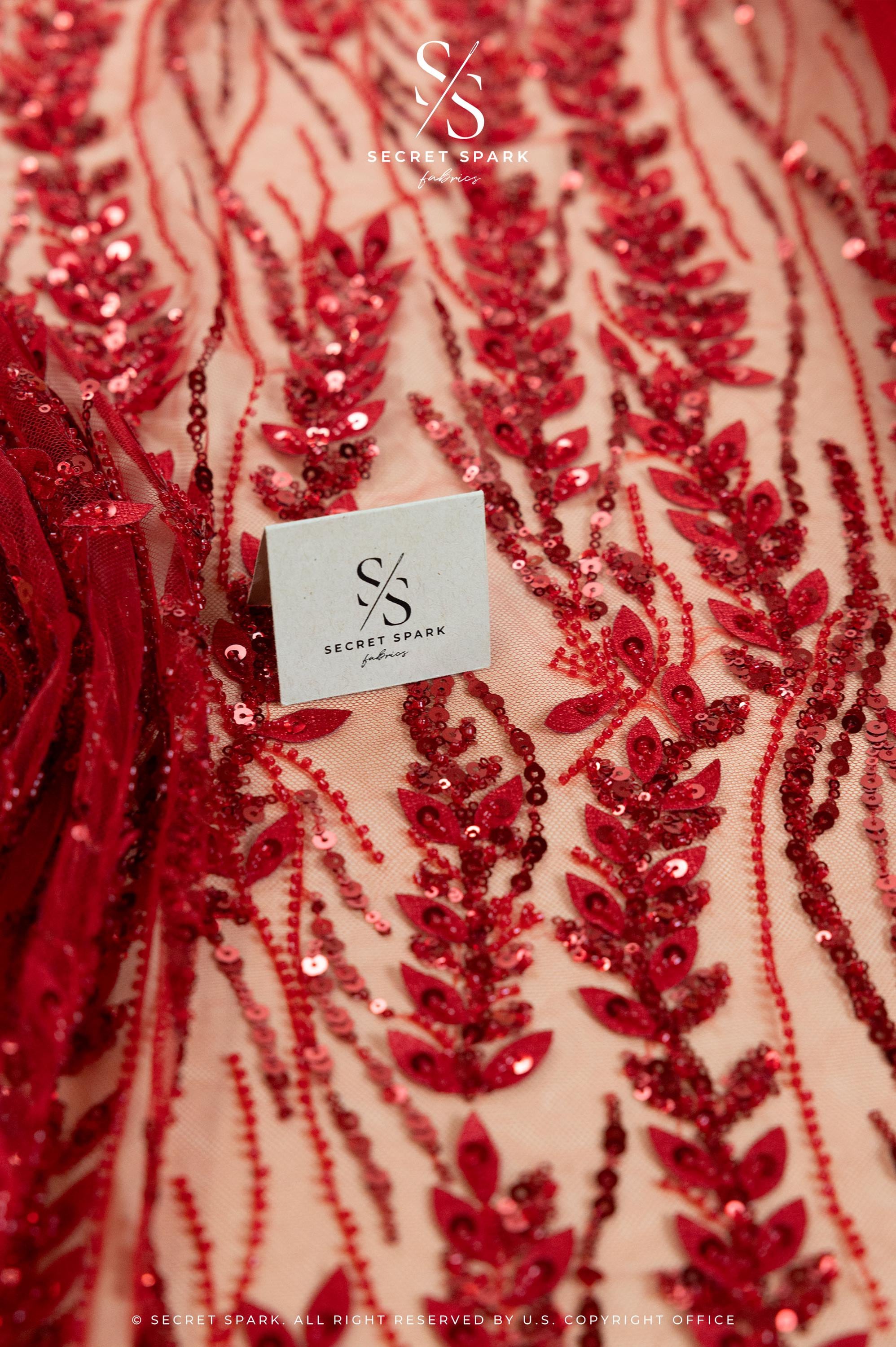 Leaves Love - Dark Red Beaded Lace Fabric, Leaf Lace Fabric, Sequin Floral Embroidery with 3D Leaves on Mesh for Gowns, Evening Dresses, DIY