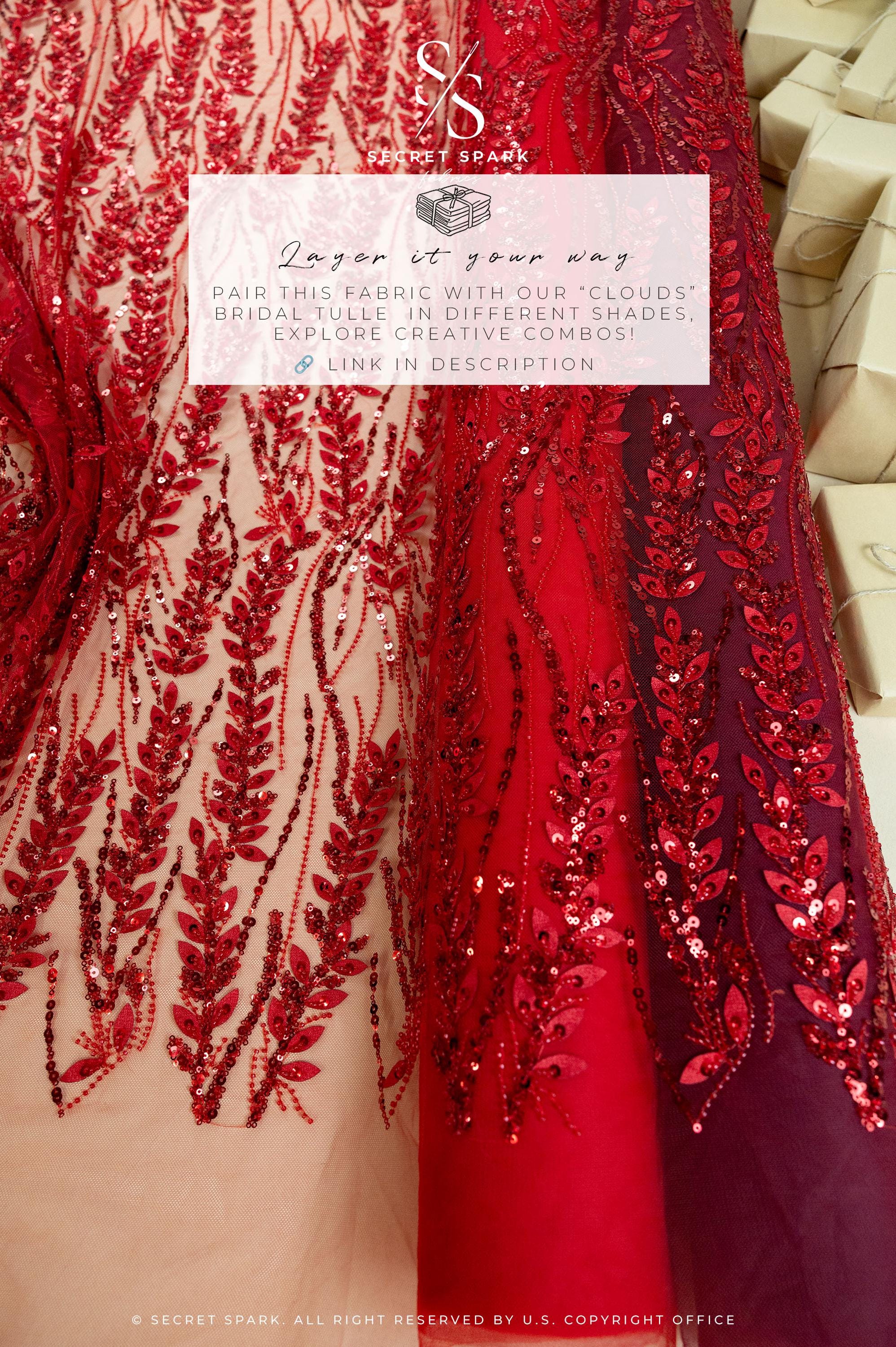 Leaves Love - Dark Red Beaded Lace Fabric, Leaf Lace Fabric, Sequin Floral Embroidery with 3D Leaves on Mesh for Gowns, Evening Dresses, DIY