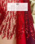 Leaves Love - Dark Red Beaded Lace Fabric, Leaf Lace Fabric, Sequin Floral Embroidery with 3D Leaves on Mesh for Gowns, Evening Dresses, DIY