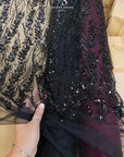 Leaves Love - Black Leaf Lace Fabric, Beaded & Sequin Floral Embroidery with 3D Leaves on Mesh for Gowns, Evening Dresses, Couture DIY