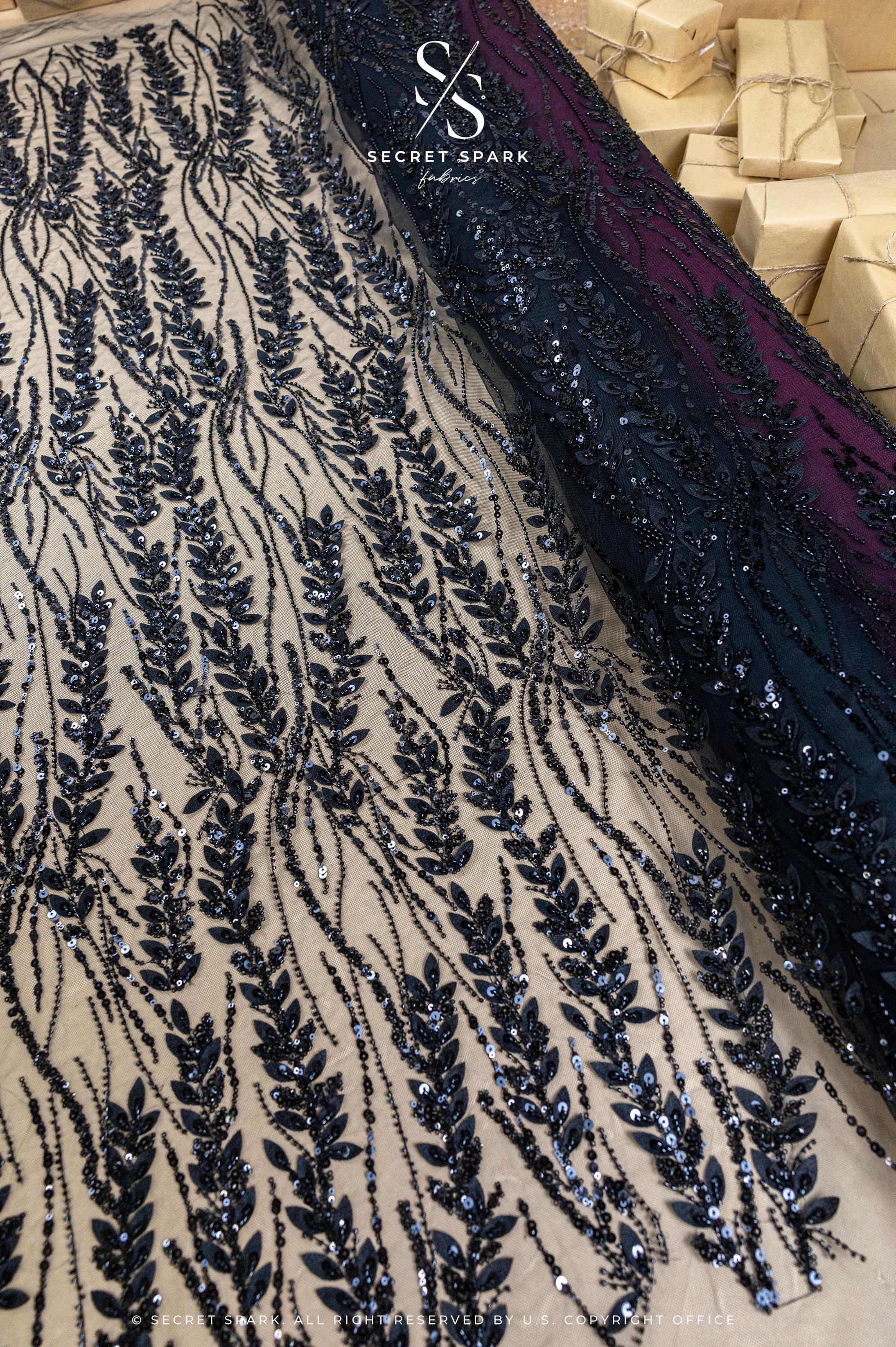 Leaves Love - Black Leaf Lace Fabric, Beaded &amp; Sequin Floral Embroidery with 3D Leaves on Mesh for Gowns, Evening Dresses, Couture DIY