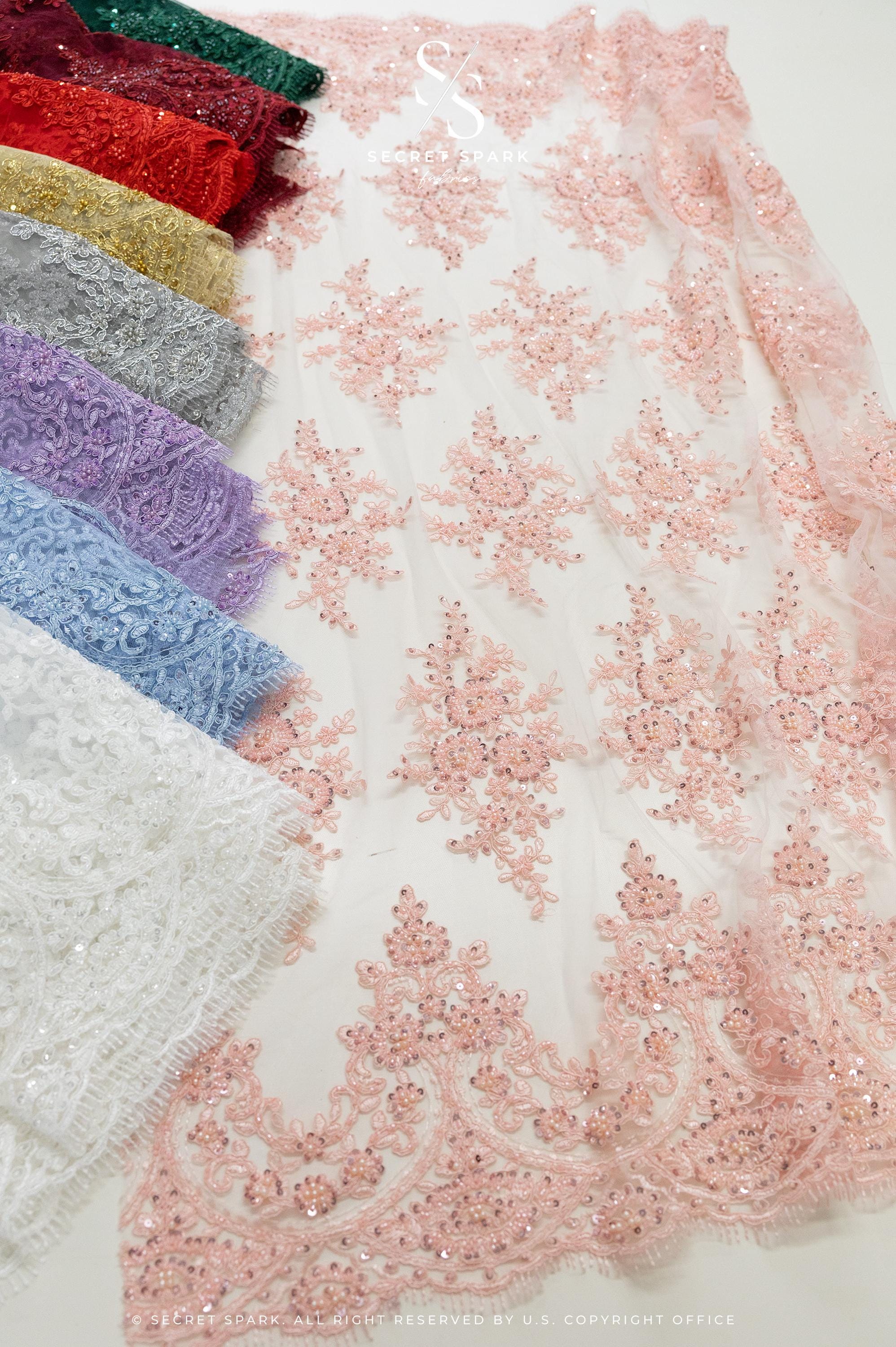 Belle - Soft Blue - Beaded Floral Lace with Delicate Corded Details and Scalloped Hem for Bridal, Formal Gowns by the Yard