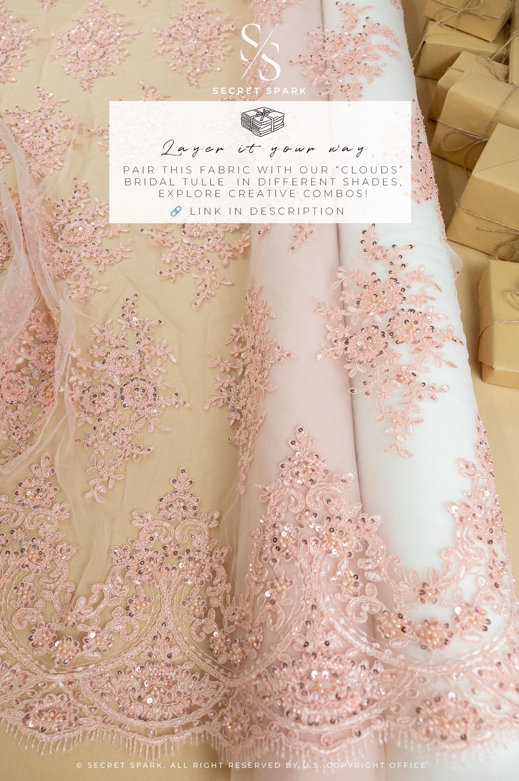Belle - Rose Quartz - Soft Pink Beaded Lace with Corded Floral Design and Scalloped Edges for Romantic Bridal, Special Occasion by the Yard