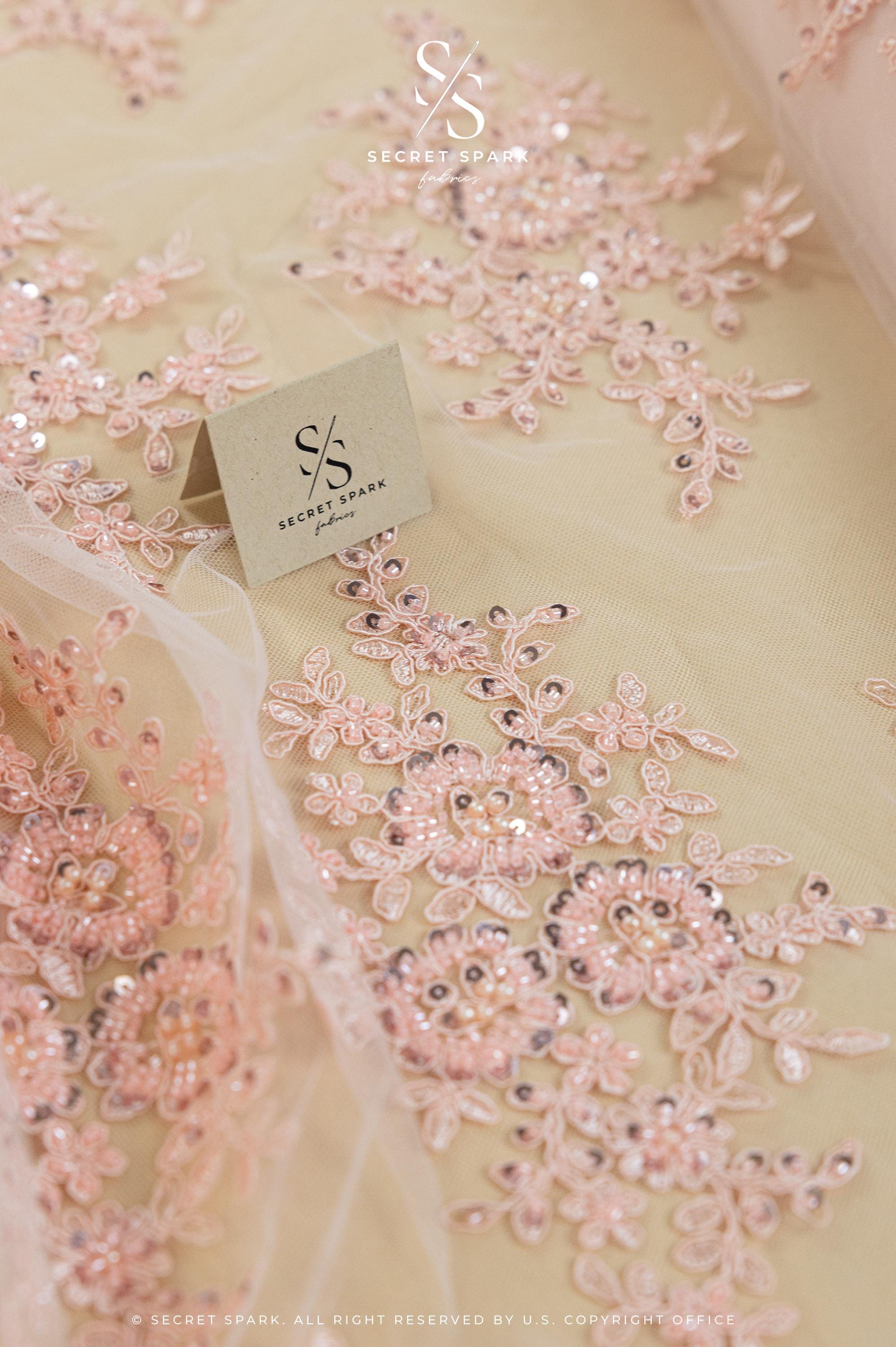 Belle - Rose Quartz - Soft Pink Beaded Lace with Corded Floral Design and Scalloped Edges for Romantic Bridal, Special Occasion by the Yard