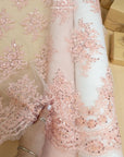 Belle - Rose Quartz - Soft Pink Beaded Lace with Corded Floral Design and Scalloped Edges for Romantic Bridal, Special Occasion by the Yard