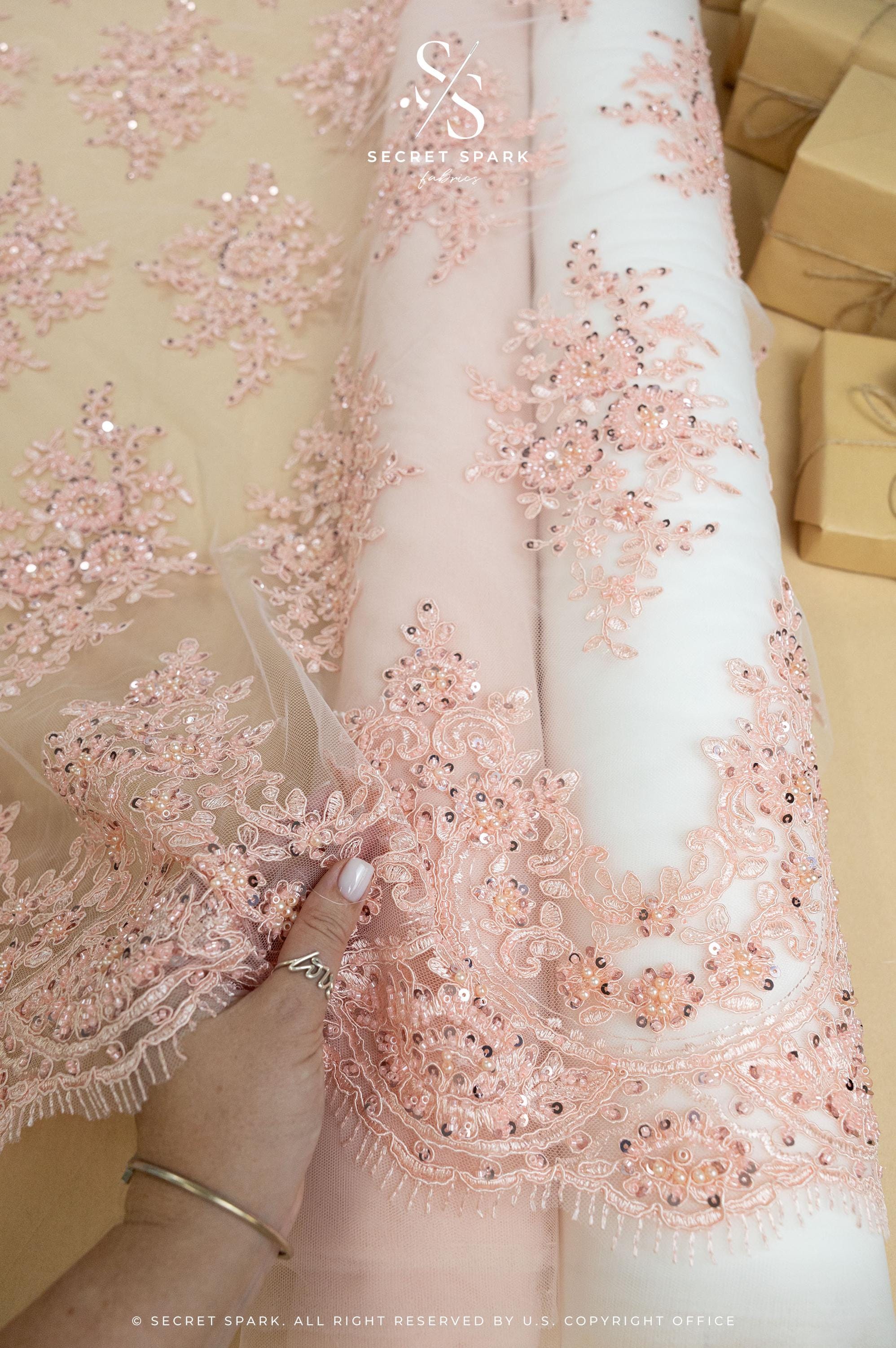 Belle - Rose Quartz - Soft Pink Beaded Lace with Corded Floral Design and Scalloped Edges for Romantic Bridal, Special Occasion by the Yard