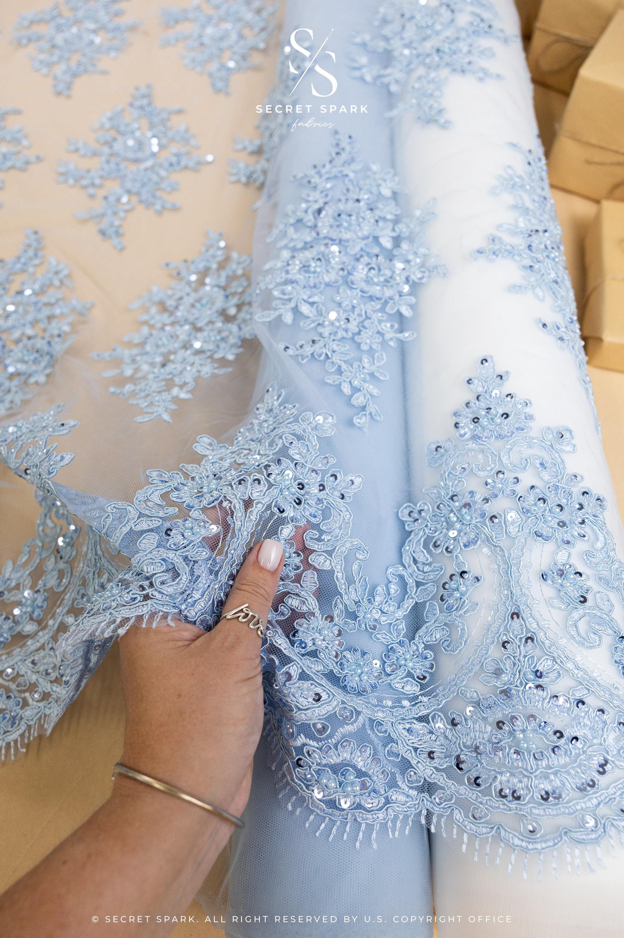 Belle - Soft Blue - Beaded Floral Lace with Delicate Corded Details and Scalloped Hem for Bridal, Formal Gowns by the Yard