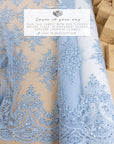 Belle - Soft Blue - Beaded Floral Lace with Delicate Corded Details and Scalloped Hem for Bridal, Formal Gowns by the Yard