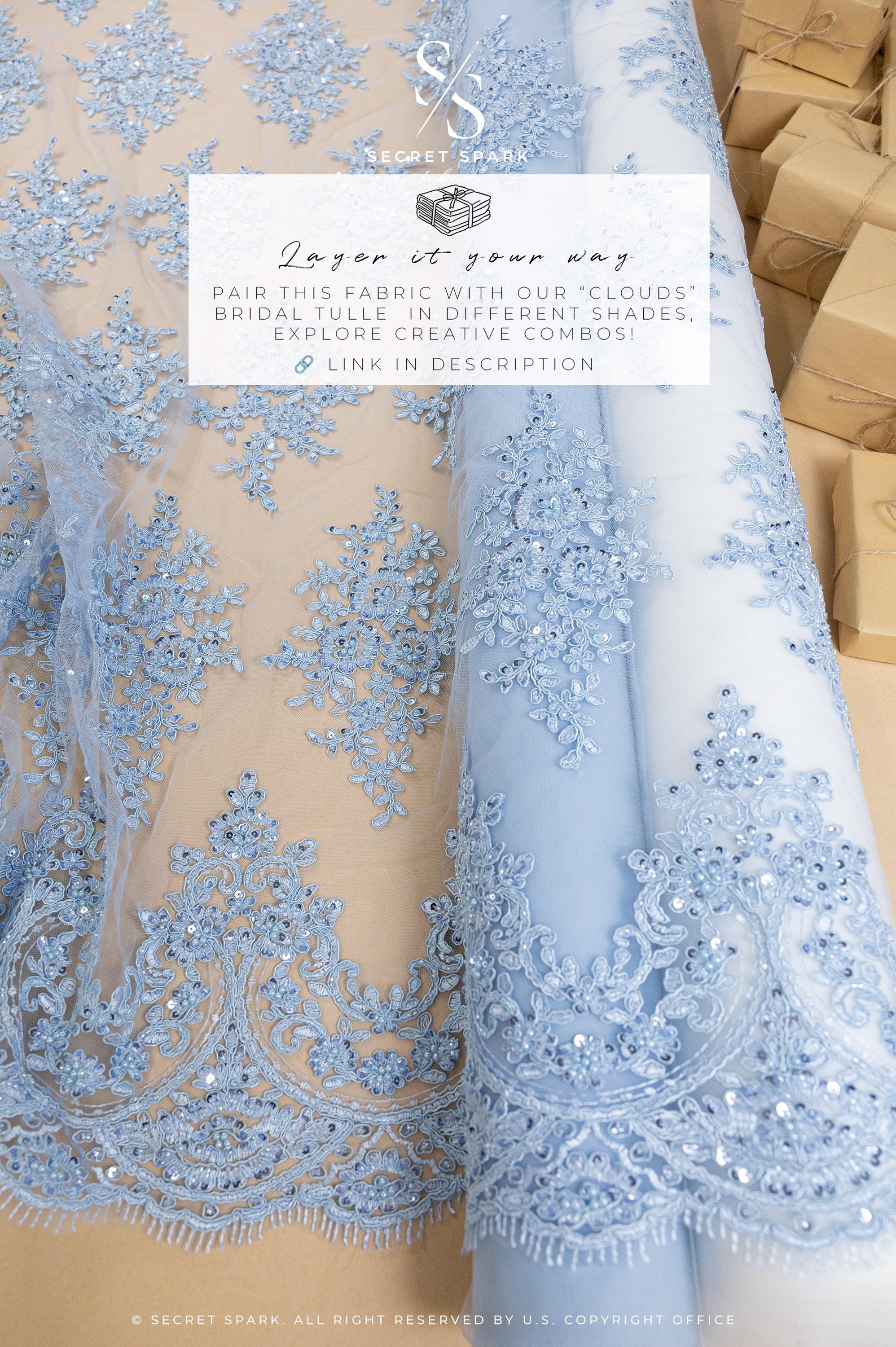 Belle - Soft Blue - Beaded Floral Lace with Delicate Corded Details and Scalloped Hem for Bridal, Formal Gowns by the Yard