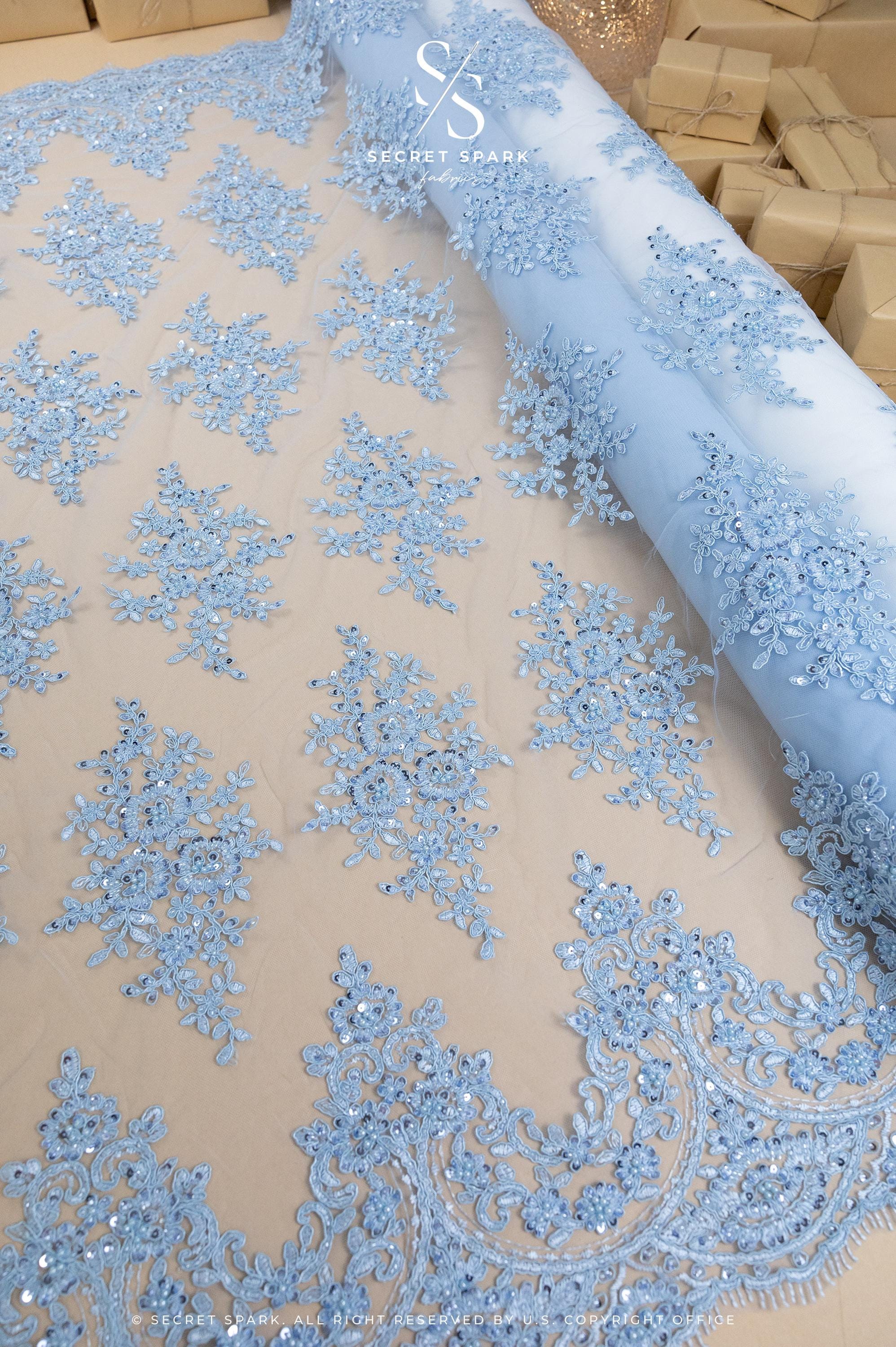 Belle - Soft Blue - Beaded Floral Lace with Delicate Corded Details and Scalloped Hem for Bridal, Formal Gowns by the Yard