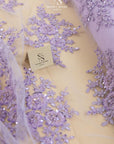 Belle - Lavender Purple - Embroidered Floral Lace with Beaded Cord and Scalloped Edges for Wedding Veils, Couture Dresses by the Yard