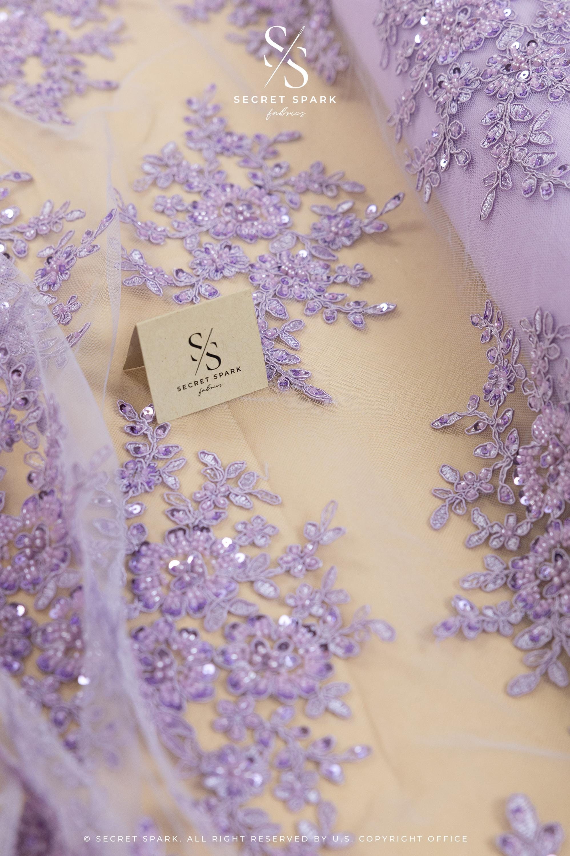 Belle - Lavender Purple - Embroidered Floral Lace with Beaded Cord and Scalloped Edges for Wedding Veils, Couture Dresses by the Yard